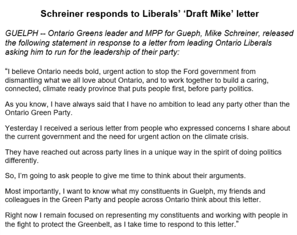 ColinDMello's tweet photo. BREAKING: Green Party Leader Mike Schreiner is asking for "time to think" about the arguments being made by a group of Ontario Liberals who are asking him to run for the leadership.  

#onpoli https://t.co/wgumUUThNB