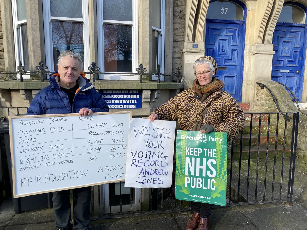 HarrogateGreens's tweet photo. @HarrogateGreens raising the profile of our MPs hypocrisy- voting to allow pollution of rivers by water companies- whilst telling constituents he wants to clean up the #Nidd. https://t.co/f4t9KXuSUg