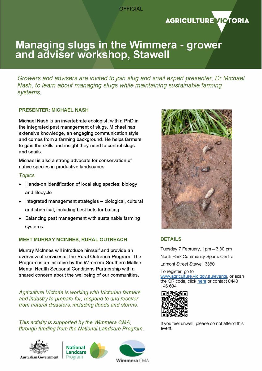 wimmeracma's tweet photo. #DrMichaelNash presents workshop to learn about managing #slugs & #snails while maintaining sustainable #farming systems in #Stawell, on 7th Feb at 1-3:30pm with guest speaker #MurrayMcInnes
Register https://t.co/fH4UyDNxS9
@ausgov @VicGovAg @landcarevic
#NationalLandcareProgram https://t.co/9ScNuh6Z6M