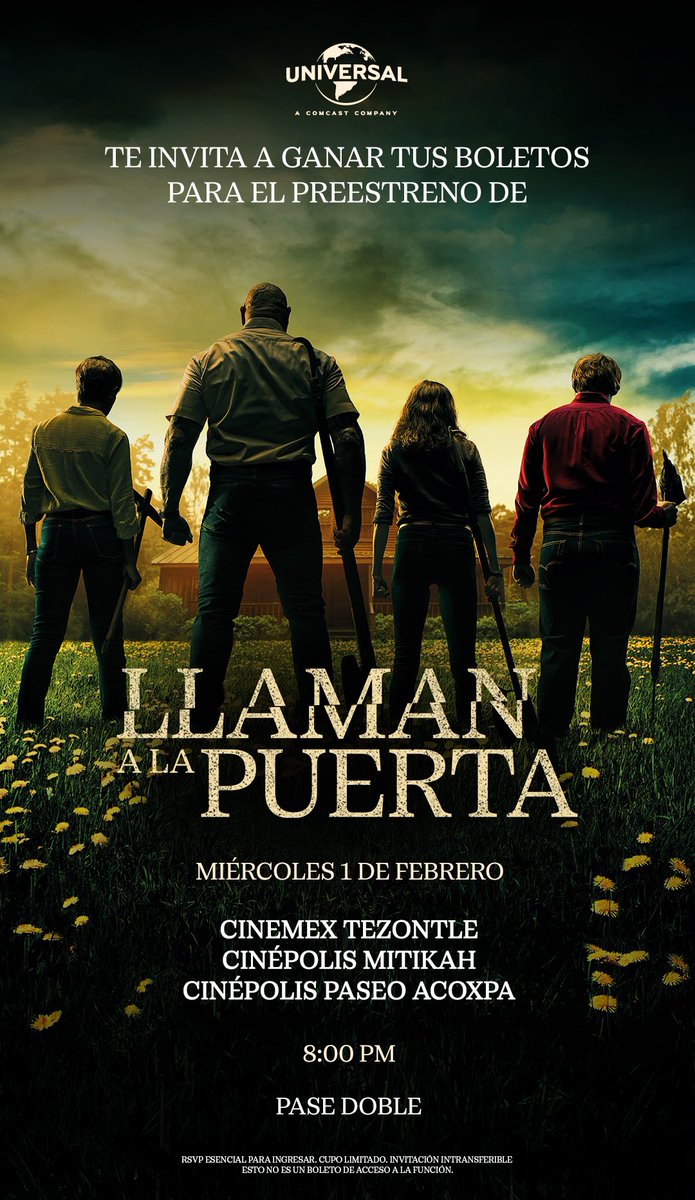 cinentificate's tweet photo. Cinentifans
Tenemos PASES DOBLES para premiere de #LlamanALaPuerta cortesía de @UniversalMX 

Dinámica :
1.-Dar RT 🔁
2.-Sigue a @UniversalMX y a nosotros.
3.-Menciona a tú acompañante (también debe seguirnos), deja tu nombre completo y correo.
4.- Usar el #LlamanALaPuerta https://t.co/drBwvGRAwv