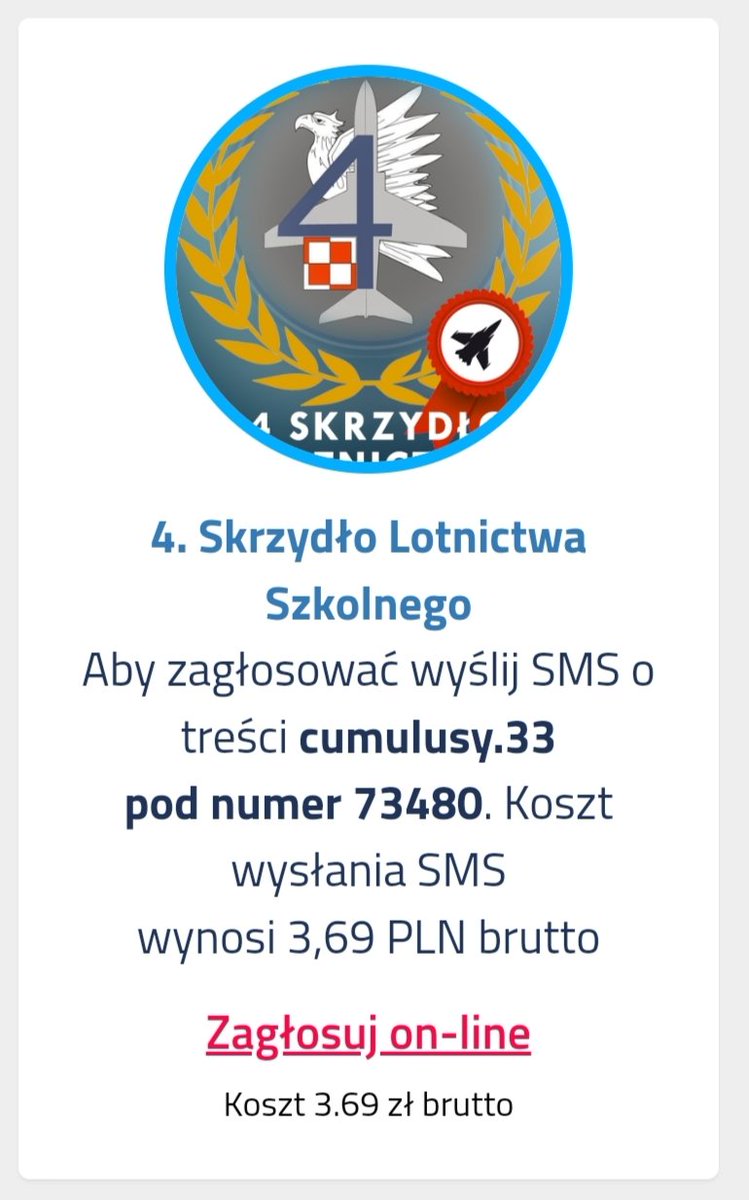4SLSz's tweet photo. 4 Skrzydło Lotnictwa Szkolnego oraz Zespół Akrobacyjny Orlik ✈️ zakwalifikowali się do finału ogólnopolskiego plebiscytu lotniczego 
☁️☁️ #CUMULUSY2022 ☁️☁️
Zachęcamy do głosowania SMS oraz na stronie https://t.co/7CRgYr9W1c
Głosowanie trwa do 8 lutego.
Dziękujemy! 
#cumulusy2022 https://t.co/6PoUXDfeTs