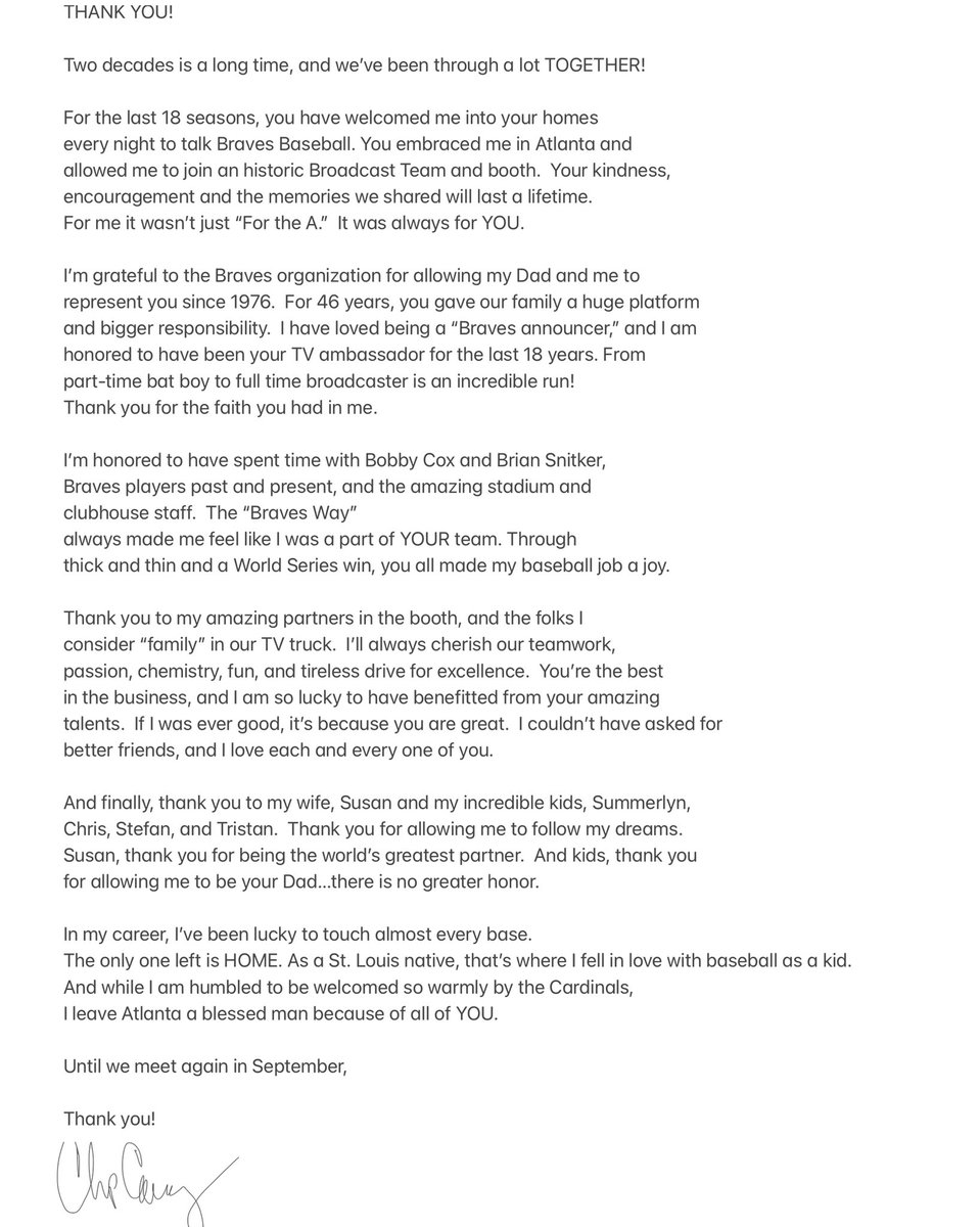 My Dad doesn’t have Twitter. From Chip Caray: Braves Country, Thank You! #ForTheA