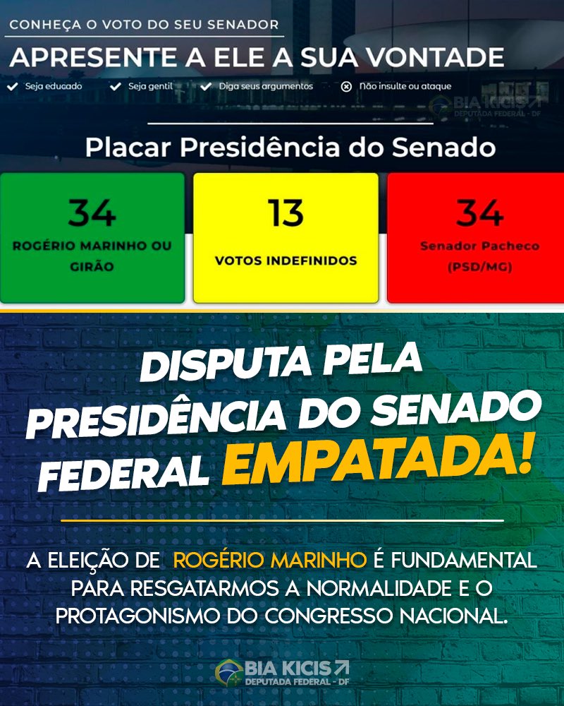 Biakicis's tweet photo. A disputa pela Presidência do Senado está empatada com mais de 1 dezena de senadores ainda indefinidos. @rogeriosmarinho representa a independência entre os Poderes e a defesa da liberdade de expressão.Isso não é extremismo,isso é democracia! Parte da mídia mantém sua narrativa. https://t.co/pzCpMjL5gh