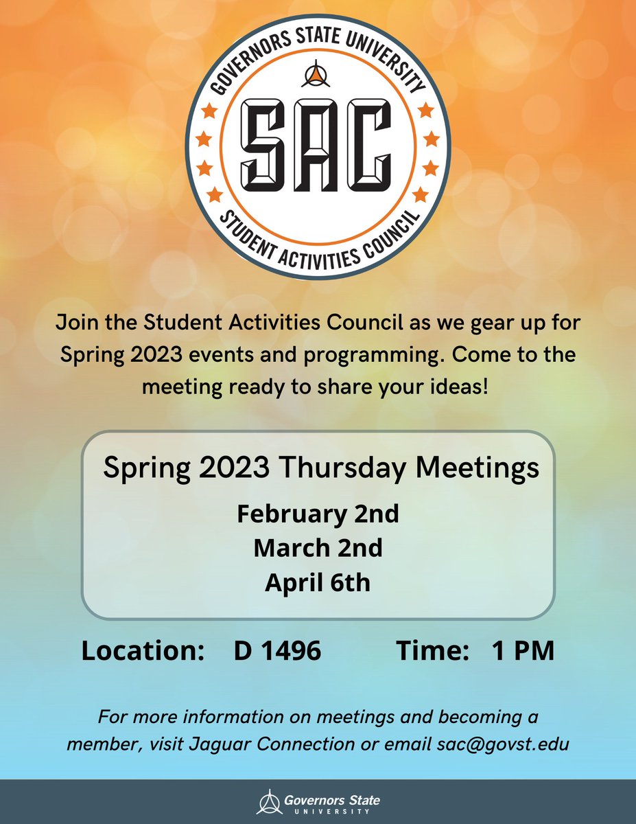 GSUCSEIP's tweet photo. SPRING 2023 Student Activities Council Meetings!🎉

Join us this Thursday for our first meeting of the semester. Bring a friend, fun ideas, and a mind for event planning! See you then! https://t.co/6X2qhBMdZn