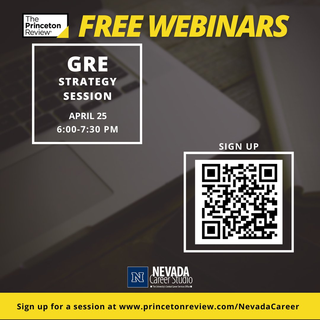 Thinking about graduate programs? The Nevada Career Studio has partnered with Princeton Review to bring all students FREE preparation webinars. 

Sign-up here: PrincetonReview.com/NevadaCareer

#PackPride #CareerServices