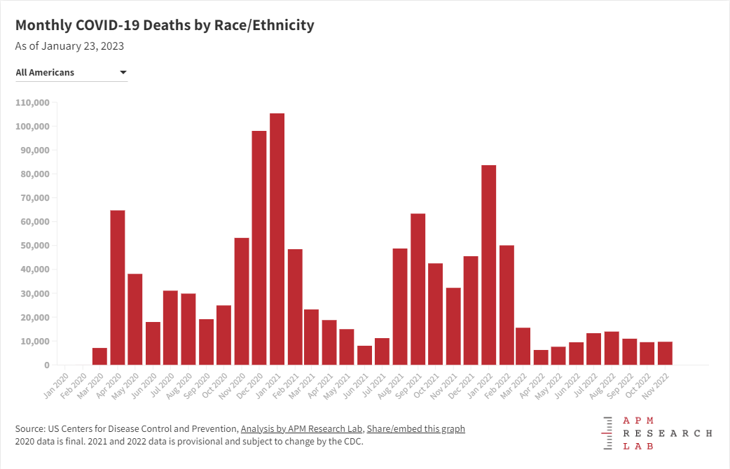 APMResearch's tweet photo. Our latest #ColorOfCovid shows slight ⬆️ in overall deaths for Nov (last month w/ complete data).
COVID deaths ⬆️ for Asian Americans (+33%), Latino Americans (+14%), white Americans (+1%) and Pac Islander Americans (+100%).
https://t.co/Ik4Of85nF8 https://t.co/SLyfEelLDQ