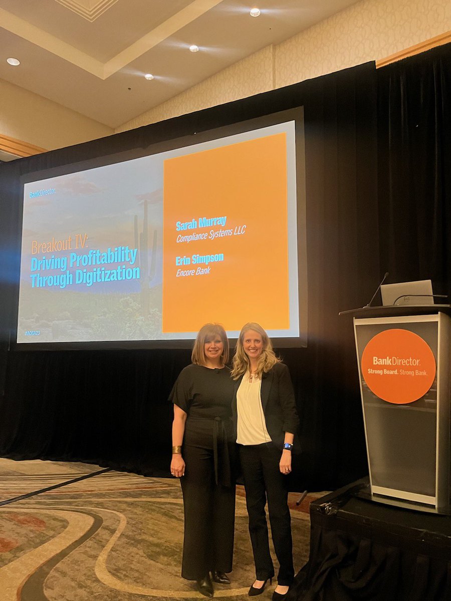 BankDirector's tweet photo. @compliancesys &amp; @EncoreBank discuss how to assemble a winning #digital strategy to deliver more profitable business to #banks. #AOBA23 https://t.co/Ztpr5cv3C3