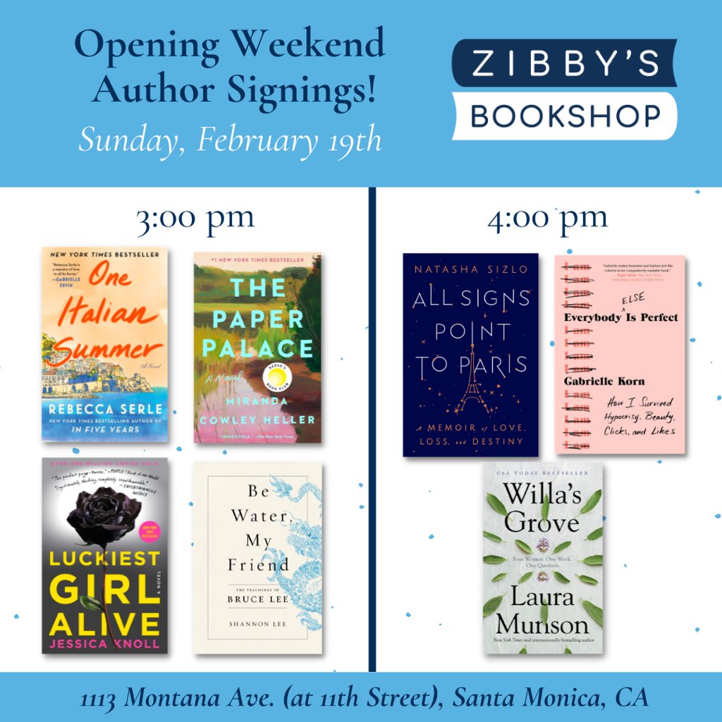 Lauramunson's tweet image. I’m thrilled to be signing copies of my bestselling novel, “Willa’s Grove,” at the fabulous new bookstore, Zibby Bookshop in Santa Monica, Sun Feb. 19th -4:00, joined by other sisters in words. Stop by &amp;amp; say hello! #zibbysbookshop @zibbyowens #willasgrove #independentbookstores
