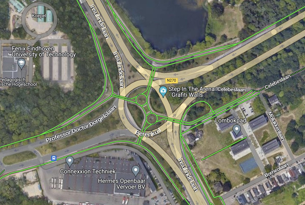 Qagggy's tweet image. The Hovenring gets attention but Eindhoven also has this cool bicycle interchange. It's a clever solution for navigating what would otherwise be a dangerous and inhospitable environment for people on bikes.