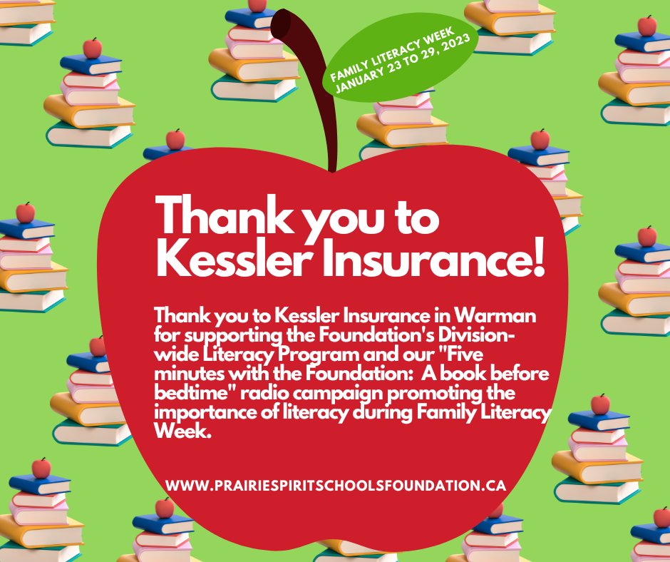 A sincere thank you to our partner, Kessler Insurance for their continued support of <a href="/PSSFdn/">Prairie Spirit Fdn</a>, and in supporting our Division-wide literacy program <a href="/prairiespiritsd/">Prairie Spirit SD</a> &amp; recent fundraiser radio campaign with <a href="/929TheBull/">92.9 The Bull</a> in support of literacy during Family Literacy Week! THANK YOU!