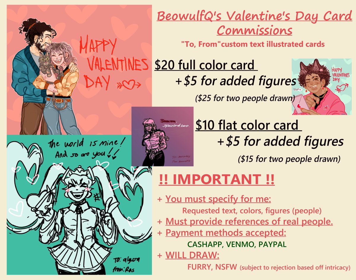 BeowulfQ's tweet image. VALTINE'S DAY CARD COMMISSIONS: Im taking 5 slots for both types (10 slots total). DM me if youre interested. Cutoff date to request is 2/07/2023

CASH APP, PAYPAL, VENMO ONLY (PAYMENT UPFRONT)
💘🐟
