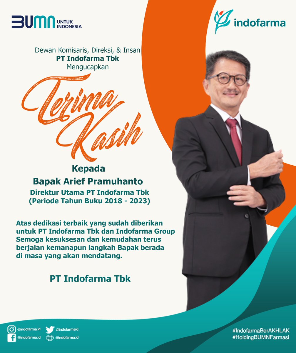 Terima kasih kepada Bapak Arief Pramuhanto atas dedikasi terbaik yang sudah diberikan untuk PT Indofarma Tbk dan Indofarma Group. Semoga kesuksesan dan kemudahan terus berjalan kemanapun langkah Bapak berada di masa yang akan mendatang.

#Indofarma