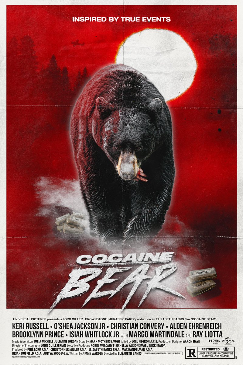 creepyduckart's tweet photo. Here's a new privately commissioned poster for the great @jimmywarden_ , the writer of the upcoming #cocainebear directed by the always excellent @elizabethbanks . Extra special too as it was filmed in my home county of Wicklow here in Ireland. 🇮🇪😊🤘#digitalart https://t.co/4Fa2h0SSBs