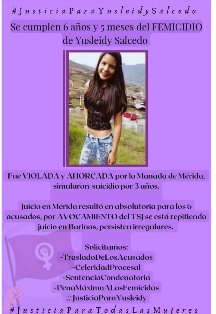 manuelita1504's tweet photo. Favor #Rts
Caso Yusleidy Salcedo
#Femicidio #Mérida
#SeCumplen6AñosY5Meses
El 23/03/22 inició #RepeticiónDeJuicio en #Barinas 
Familia es #Revictimizada, por ello publican una CARTA ABIERTA (2 hojas) para #VISIBILIZAR su clamor de justicia
#LaManadaDeMérida
#JusticiaParaYusleidy https://t.co/Zf3d5mxWwf
