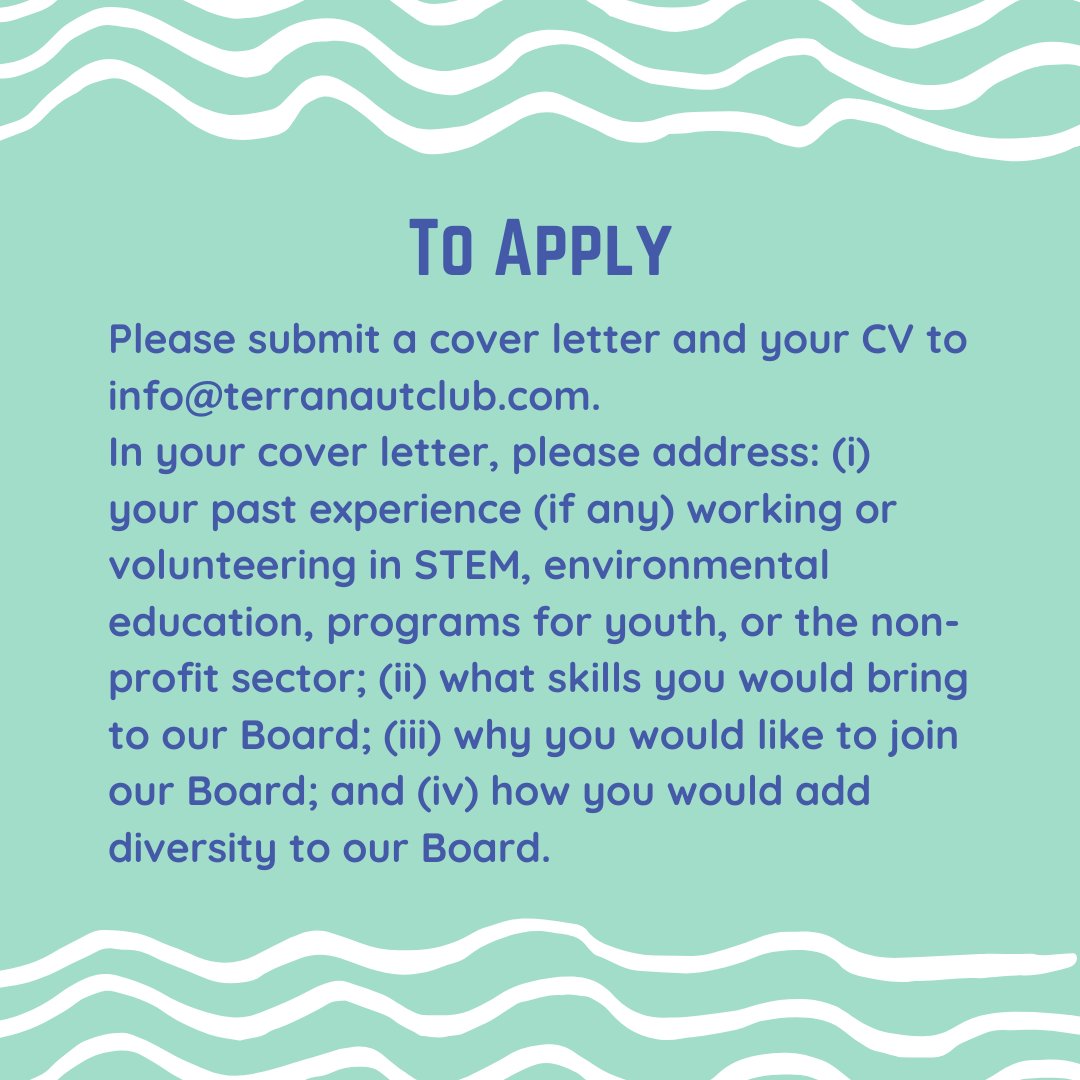 We're looking for a new member to join our Board of Directors! This volunteer position is perfect for someone who is passionate about our mission and connected to the world of STEM, non-profit management, or youth programming. Contact info@terranautclub.com for more information!