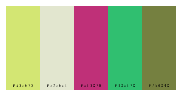 ColPaletteBot's tweet photo. Beep beep, here's a pretty color palette for you!
color-scheme.js parameters used:
- hue: 342
- variation: pastel
- colors: #d3e673, #e2e6cf, #bf3078, #30bf70, #758040
Have a lovely evening!
#twitterbot #colorpalette #colors #palette #prettycolors https://t.co/Ga1aCFAvUb