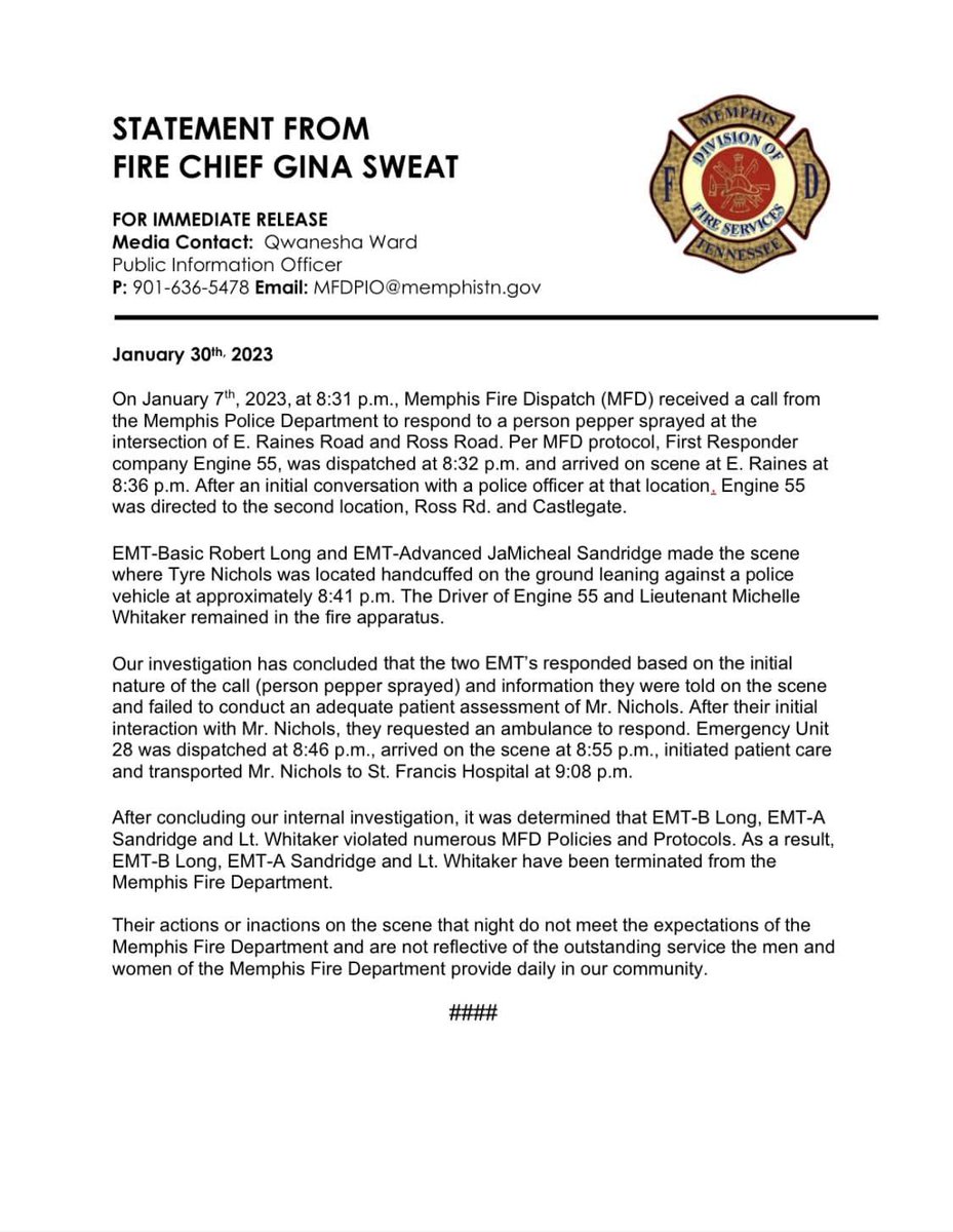 CityOfMemphis's tweet image. Additional Information Regarding MPD Internal Investigation and Findings / Statement From Fire Chief Gina Sweat