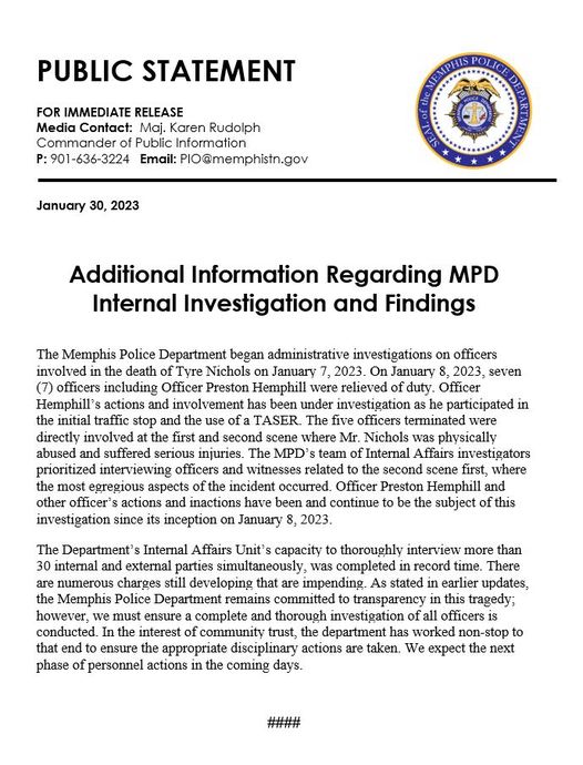CityOfMemphis's tweet image. Additional Information Regarding MPD Internal Investigation and Findings / Statement From Fire Chief Gina Sweat