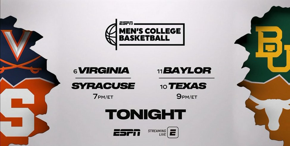 bhofheimer_espn's tweet photo. A trio of top-10 teams are featured on ESPN's Big Monday tonight. Our game crews:
🏀 7p ET | #UVAvsCUSE: Dave O'Brien, @CoryAlexanderVA @Andraya_Carter 
🏀 9p | #BAYvsTEX: @BoogSciambi @franfraschilla @KrisBudden https://t.co/yNeHYzvdKd