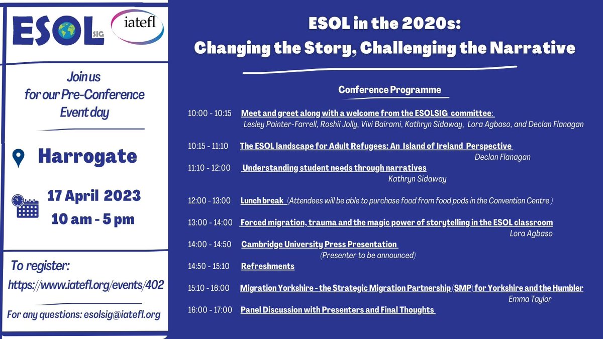 You are all invited to the IATEFL ESOLSIG Pre-Conference Event on 17th April 2023 in Harrogate. This will be a great opportunity for ESOL practitioners and researchers from around the world to come together to hear a range of talks. iatefl.org/events/402?fbc…