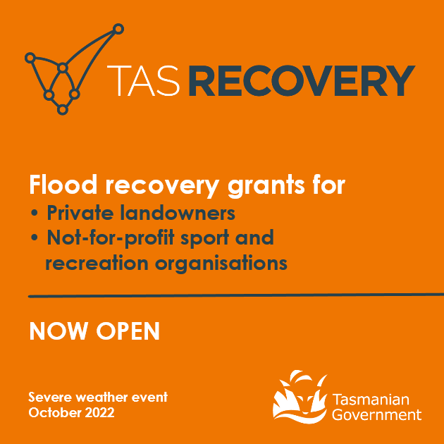 Grants are now open for private landowners &amp; not-for-profit sport and recreation organisations impacted by the severe weather event in Tasmania on 13-14 October 2022 to help with the costs of clean-up and restoration.

More info at alert.tas.gov.au/recovery/incid…
