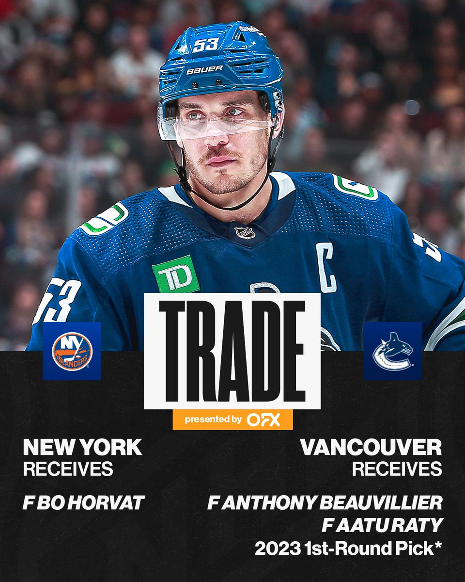 NHL's tweet photo. BO TO THE ISLAND! 🔵🟠 

The @NYIslanders have acquired #NHLAllStar @BoHorvat from the @Canucks in exchange for Anthony Beauvillier, Aatu Raty and a conditional 2023 first-round pick! https://t.co/l0z5n5RRvu