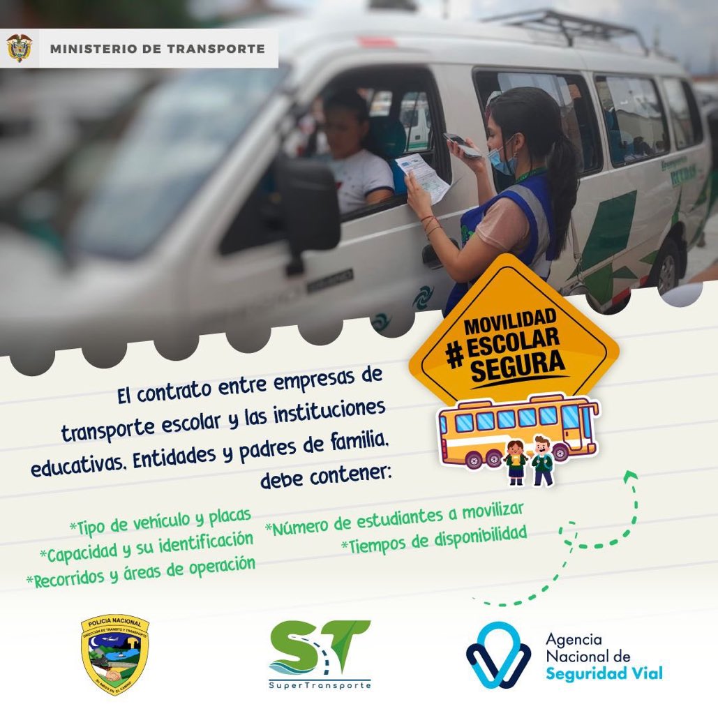 MinTransporteCo's tweet photo. La @SuperTransporte advierte que los vehículos de transporte escolar deben contar con un adulto acompañante capacitado en #SeguridadVial y primeros auxilios, además contar con todas las medidas para garantizar una #MovilidadEscolarSegura. https://t.co/secXtMzNXw