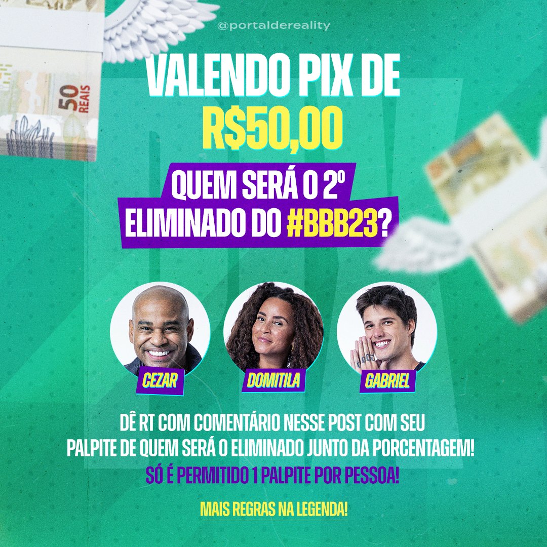 portaldereality's tweet photo. ⚠️ VALENDO PIX DE R$50 💰

Para participar, siga nosso perfil e dê RT com comentário nesse post com seu palpite de quem será eliminado + com qual porcentagem (Ex: Gabriel 55,80%). Quem cravar ou mais se aproximar do resultado oficial levará o prêmio pra casa! #BBB23 https://t.co/23k3OC0zIe