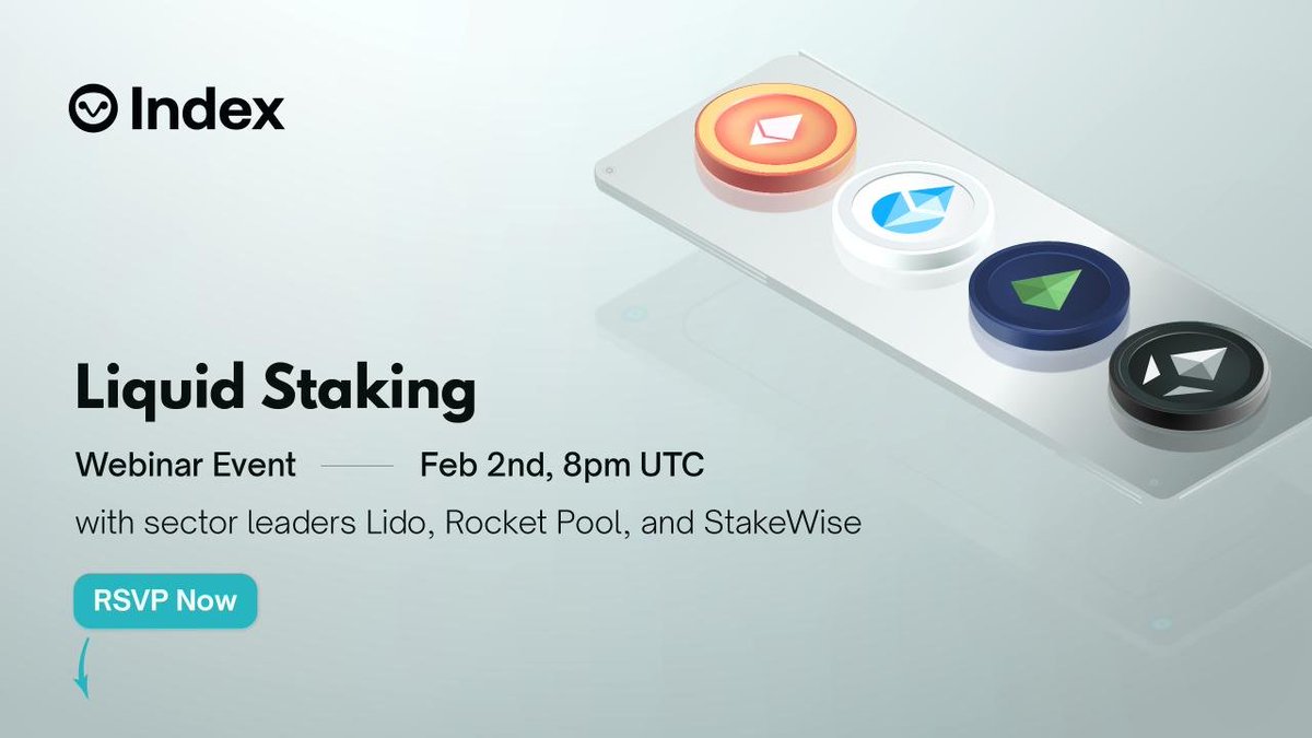 indexcoop's tweet photo. We're hosting a panel on Ethereum Liquid Staking this Thursday with industry leaders from @LidoFinance, @Rocket_Pool, &amp; @stakewise_io 

Come learn about the hottest trend in DeFi, our new Diversified Staked ETH Index &amp; its underlying protocols

RSVP below ⬇️ https://t.co/TFXjn284fQ
