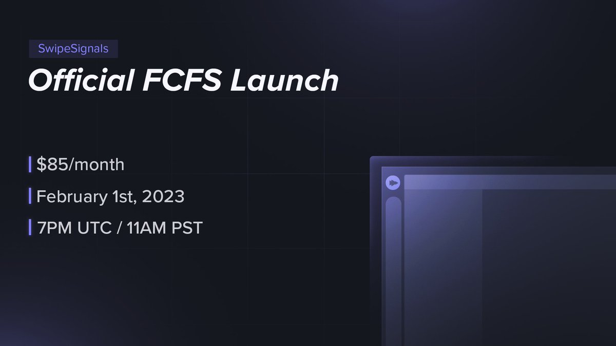SwipeSignals's tweet image. SWIPE SIGNALS - OFFICIAL LAUNCH 🔔

- February 1st, 2023. 🗓️
- 7PM UTC / 11AM PST. ⏰

You don't want to miss this.
