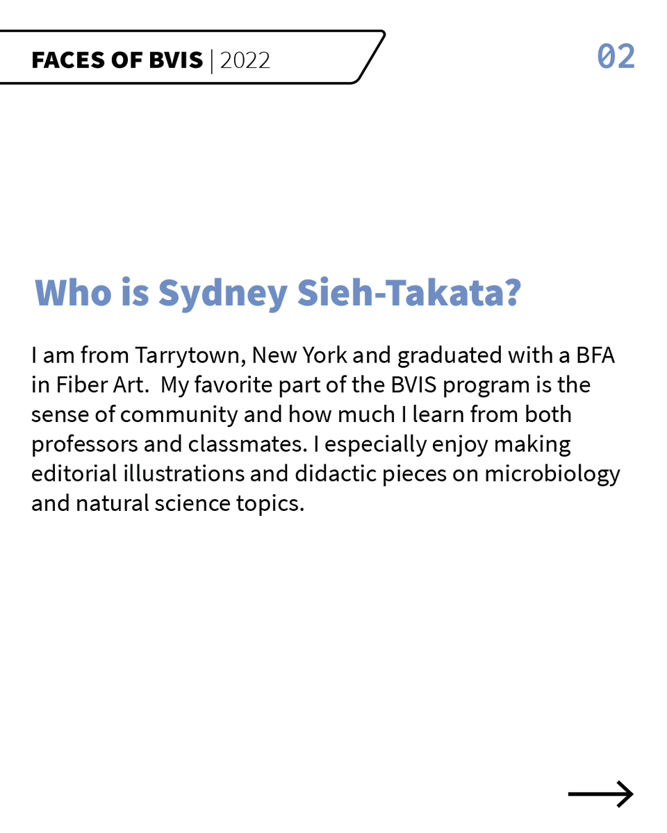 Faces of BVIS is a feature that spotlights our talented second-year students. Meet this week's face, Sydney Sieh-Takata! Follow this link to see the full post with their art: instagram.com/uic_bvis/ #facesofBVIS #SciComm