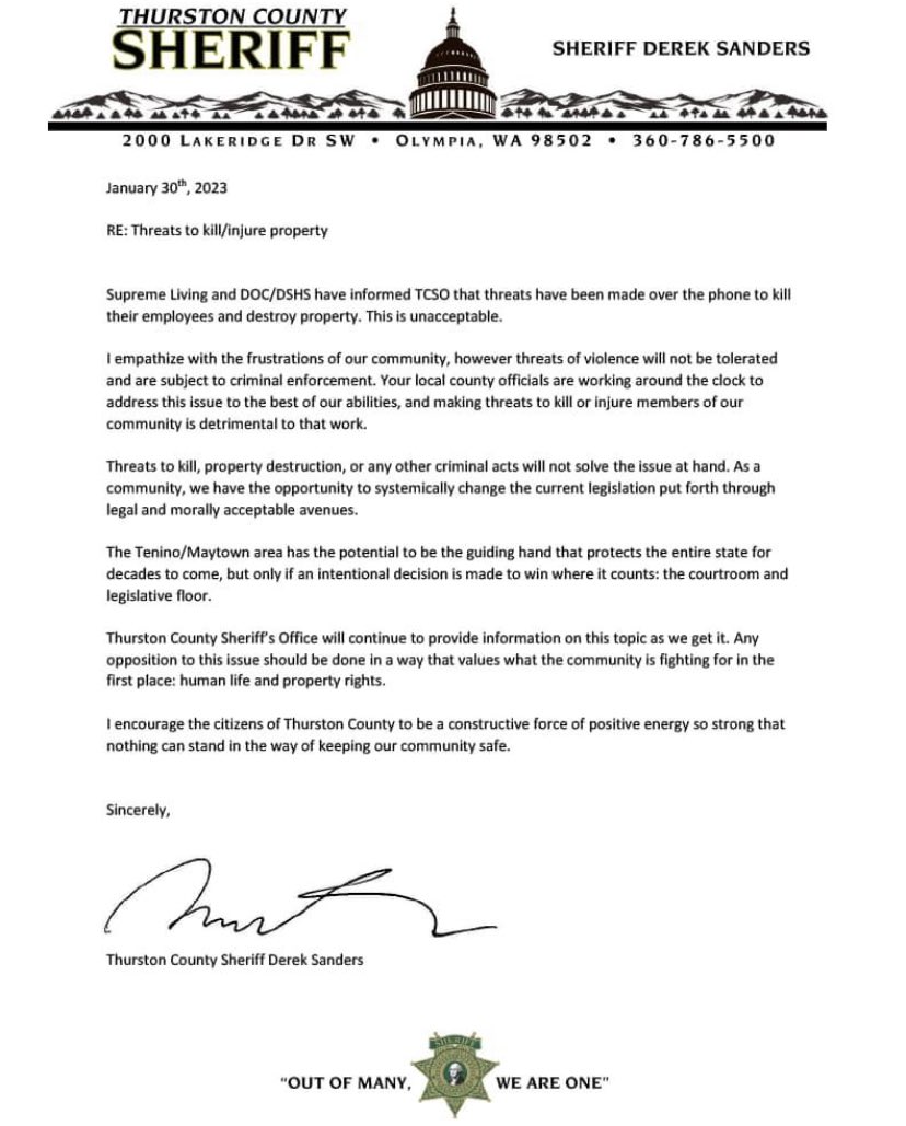 Letter from Sheriff Derek Sanders regarding threats to kill/injure property.