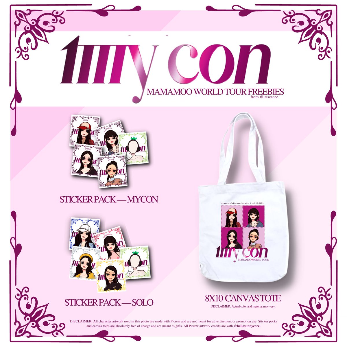 itsseacee's tweet photo. Henlo ~ I'll be giving these away at #MYCONinMNL 

— Sticker packs: 50 sets each
— Canvas Tote: 14 pcs (yan lang kinaya ng wallet ko 🥲)

WHEN: February 12, 2023
WHERE: Araneta Coliseum
TIME &amp; LOCATION: TBA

I MIGHT also be bringing mini cupcakes. 👀

#MAMAMOOinPH #MAMAMOOMyCon https://t.co/WxD5lAREla