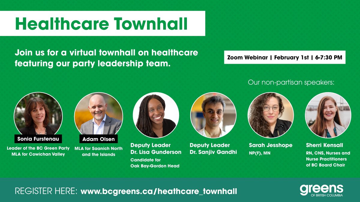 #BCHealthcare professionals are being silenced. But we’re listening. 

Join us virtually for a #BCGreens town hall on February 1st, 6-7:30 pm.

Do you have a question or a comment you want us to hear? 

If so, you can submit it as a video or at bcgreens.ca/submit_a_quest…