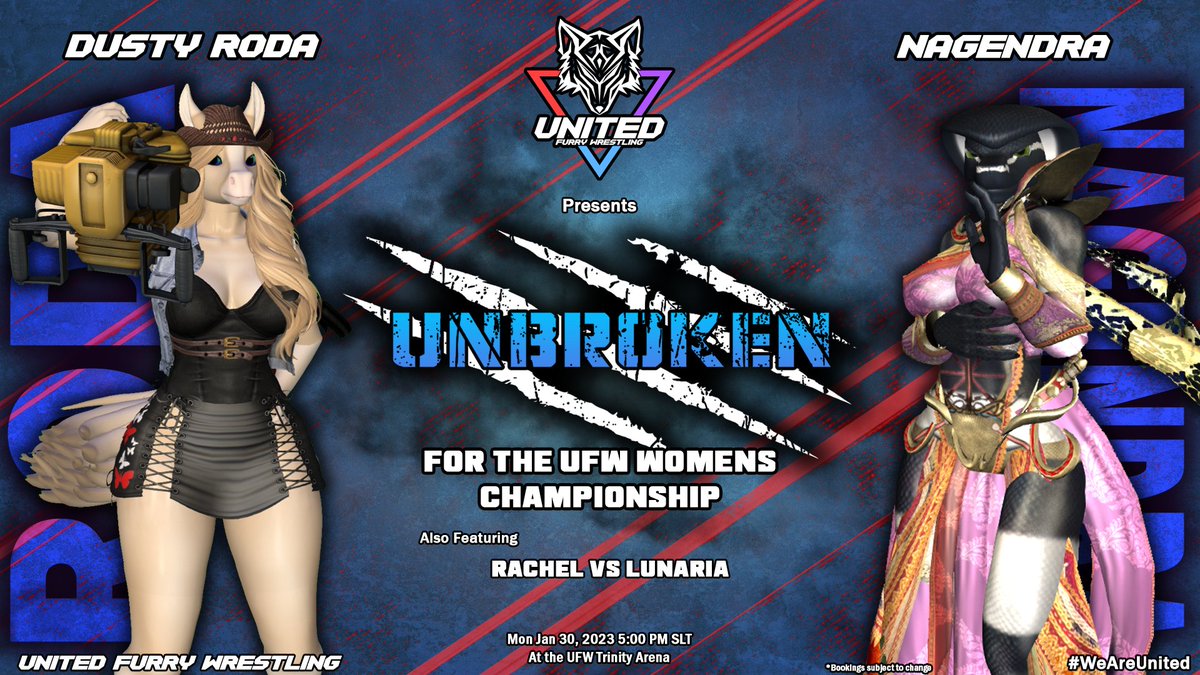 Monday night Unbroken at 5pm SLT! We kick the night off with Rachel taking on Lunaria, then we will finally find out what Nagendra's match stipulation for the Women's Championship will be! maps.secondlife.com/secondlife/Fur…