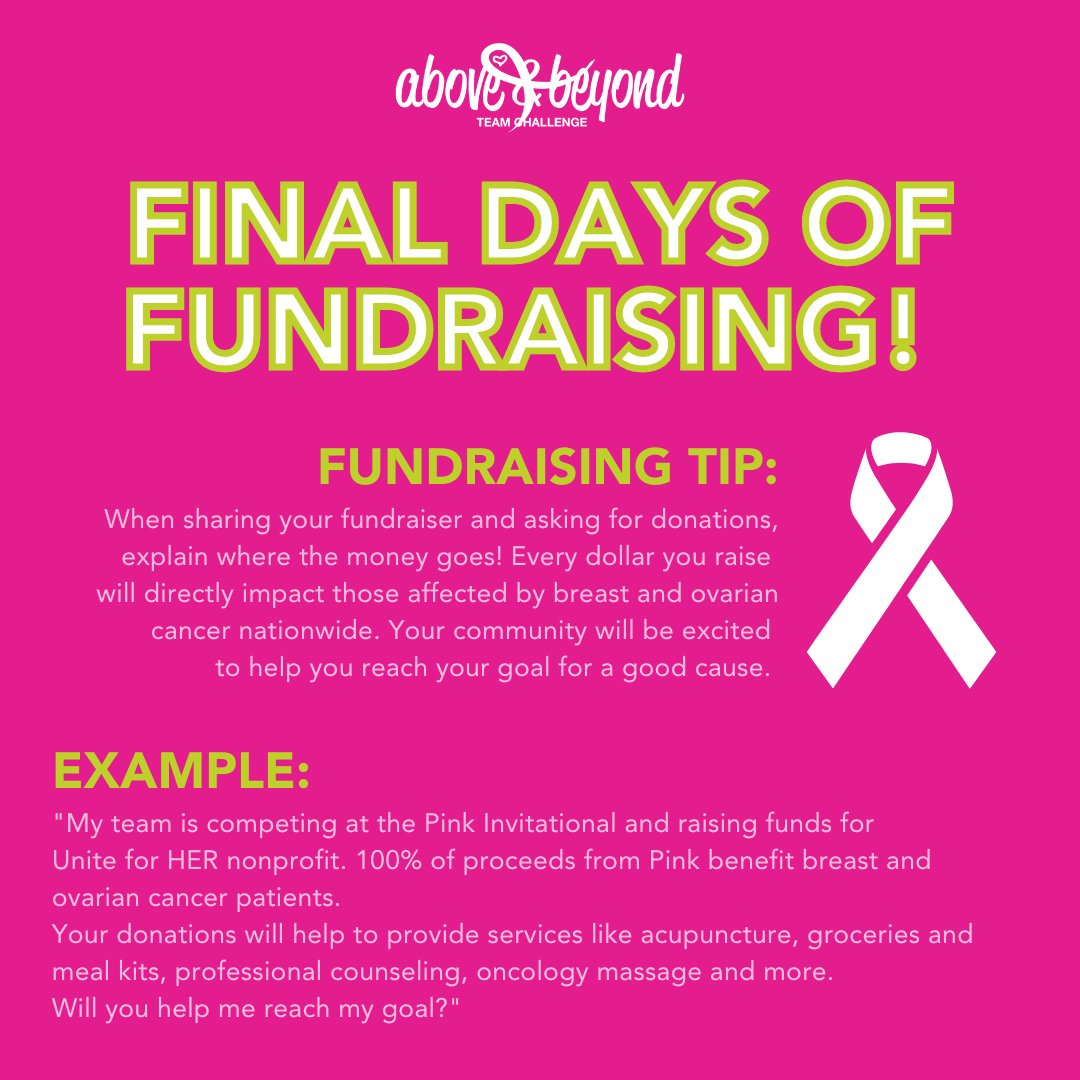 Let's finish off this week strong because Above and Beyond totals are due this Friday, 2/3 at 11:59 p.m.! Blow your goal out of the water with this easy #fundraising tip!🎗 #breastcancer #ovariancancer #pinkinvitational #fundraisingtips