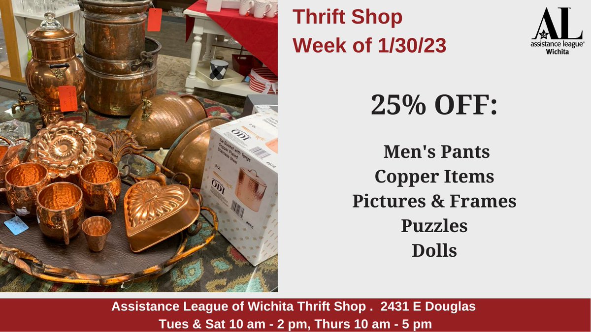 WichitaAL's tweet photo. ⌚️#moretimetoshop every THURSDAY starting this week: #ALWichitaThriftShop will be open until 5:00 pm! https://t.co/4WGP0pl5eZ