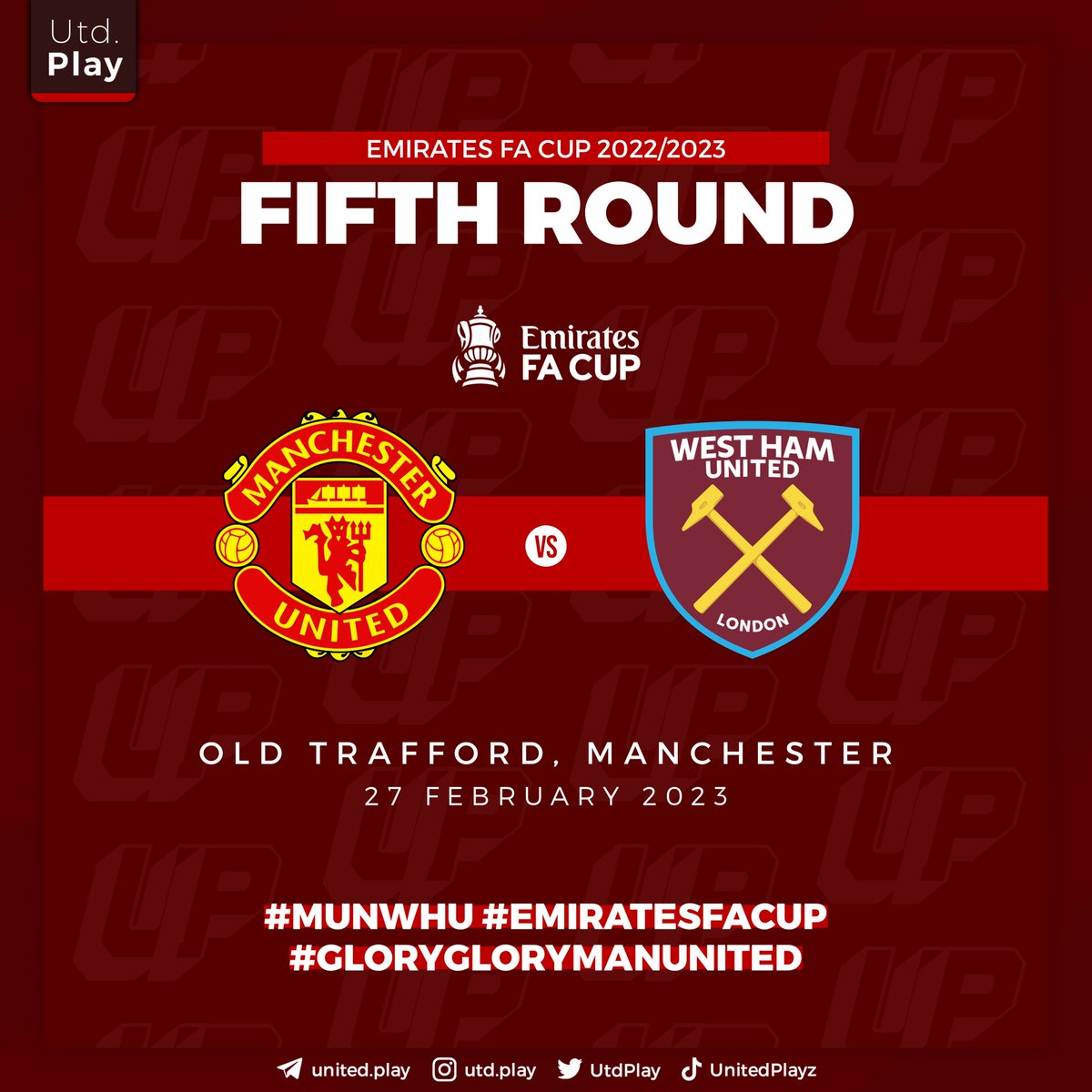 utdplay's tweet image. 🚨 𝗕𝗥𝗘𝗔𝗞𝗜𝗡𝗚: Manchester United akan melawan West Ham di ronde kelima Emirates FA Cup. 🔴 #EmiratesFACup

Laga akan dimainkan di Old Trafford dan berlangsung sekitar tanggal 27 Februari. 🔜 #MUFC