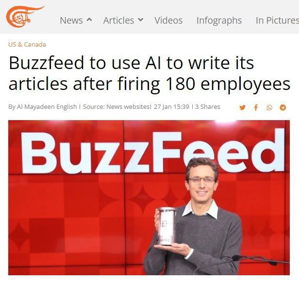 DiedSuddenlyFR's tweet photo. 🌐🚫 Buzzfeed a licencié 180 personnes et engagé un chatbot pour écrire des textes.
#BoycottBuzzfeed https://t.co/Lh1l11lSdJ