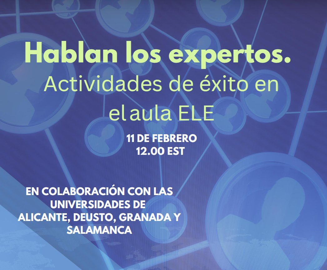 Próxima sesión de Formación del Profesorado: 'Hablan los expertos. Actividades de éxito en el aula de ELE', el 11 de febrero a las 12pm EST. Información en issuu.com/consejeriaeduc…. Regístrate gratuitamente en us06web.zoom.us/webinar/regist… ¡Te esperamos! #AccionEducativaExterior