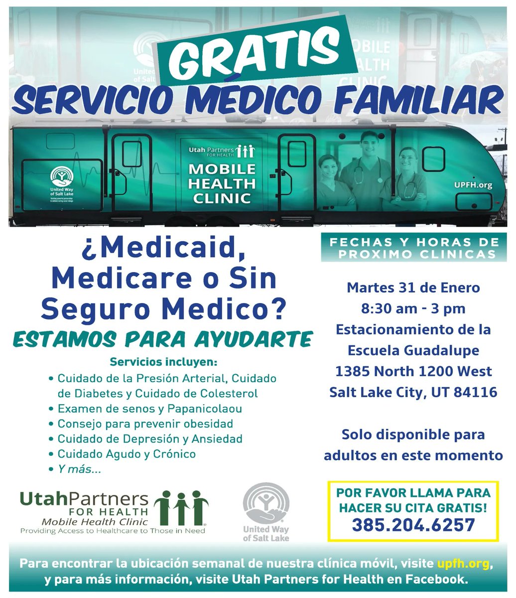 Medicaid, Medicare, &amp; uninsured patients are all invited to a FREE <a href="/UPFH/">UPFH</a> Medical Clinic TOMORROW 1/31 from 8:30AM-3PM at Guadalupe School 1385 N 1200 W Salt Lake City, UT 84116! 🏥 It is for adults only, &amp; you have to call 385-204-6257 to schedule a time on that day to be seen.