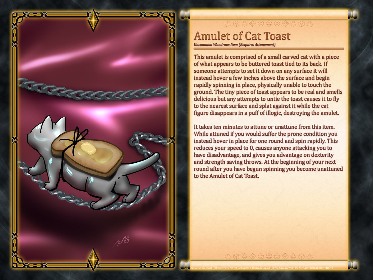 Th3ForeverDM's tweet photo. A new Forever DM Magic Item just dropped!
The Amulet of Cat Toast

For more content come join the party on Patreon or BuyMeACoffee!

https://t.co/iu2QengqUg https://t.co/Cc6U20EiN2