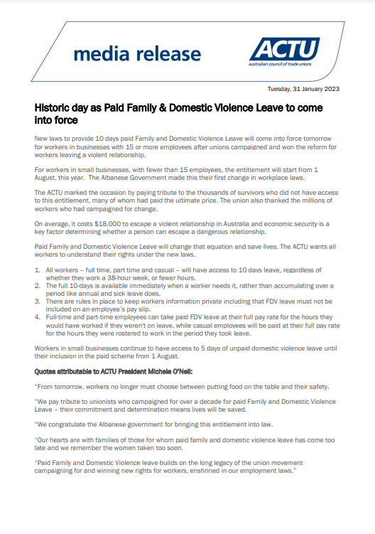 Australian Unions On Twitter MEDIA RELEASE Historic Day As Paid 