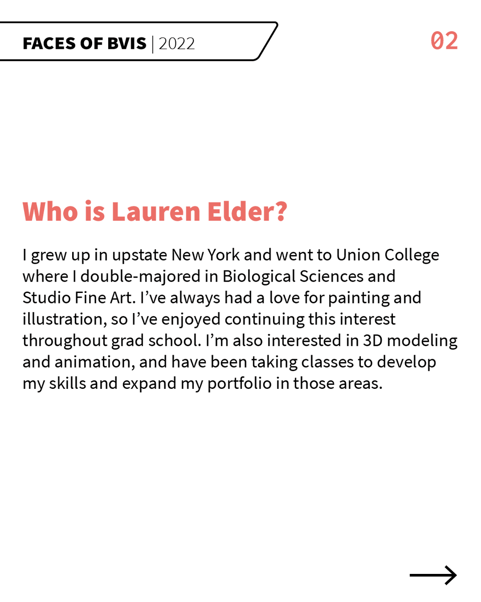 Faces of BVIS is a feature that spotlights our talented second-year students. Meet Lauren Elder! Follow this link to see the full post with their art: instagram.com/uic_bvis/ #facesofBVIS #SciComm