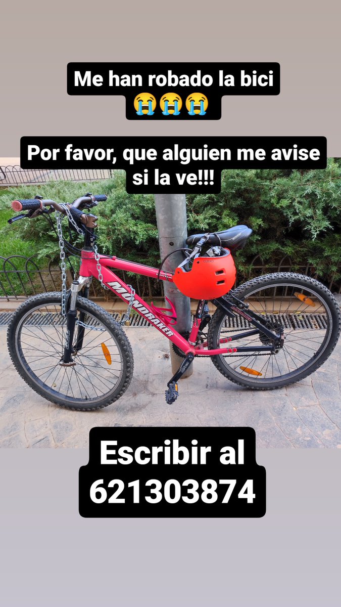 afortunating's tweet photo. Me han robado la bici en Plaza de la Hípica (Zaidín, Granada), que la dejé ahí este mediodía y ahora por la noche no estaba. 😭😭😭
Por favor, avisadme si la veis!!! 
Y compartid a ver si apareciese 🥺 https://t.co/xMxQBbU16h