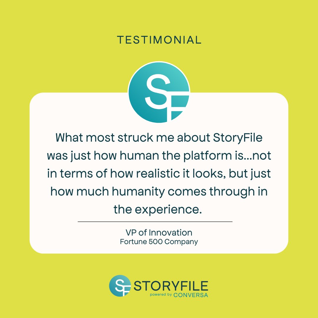 StoryFile's tweet image. “I appreciate #StoryFile&apos;s intentionality that, while the platform can be used to convey information, its true power is to tell a human story in a very real way. Human.”
Hearing that our #tech is able to convey humanity &amp;amp; tell real human stories is truly the highest compliment.🙏