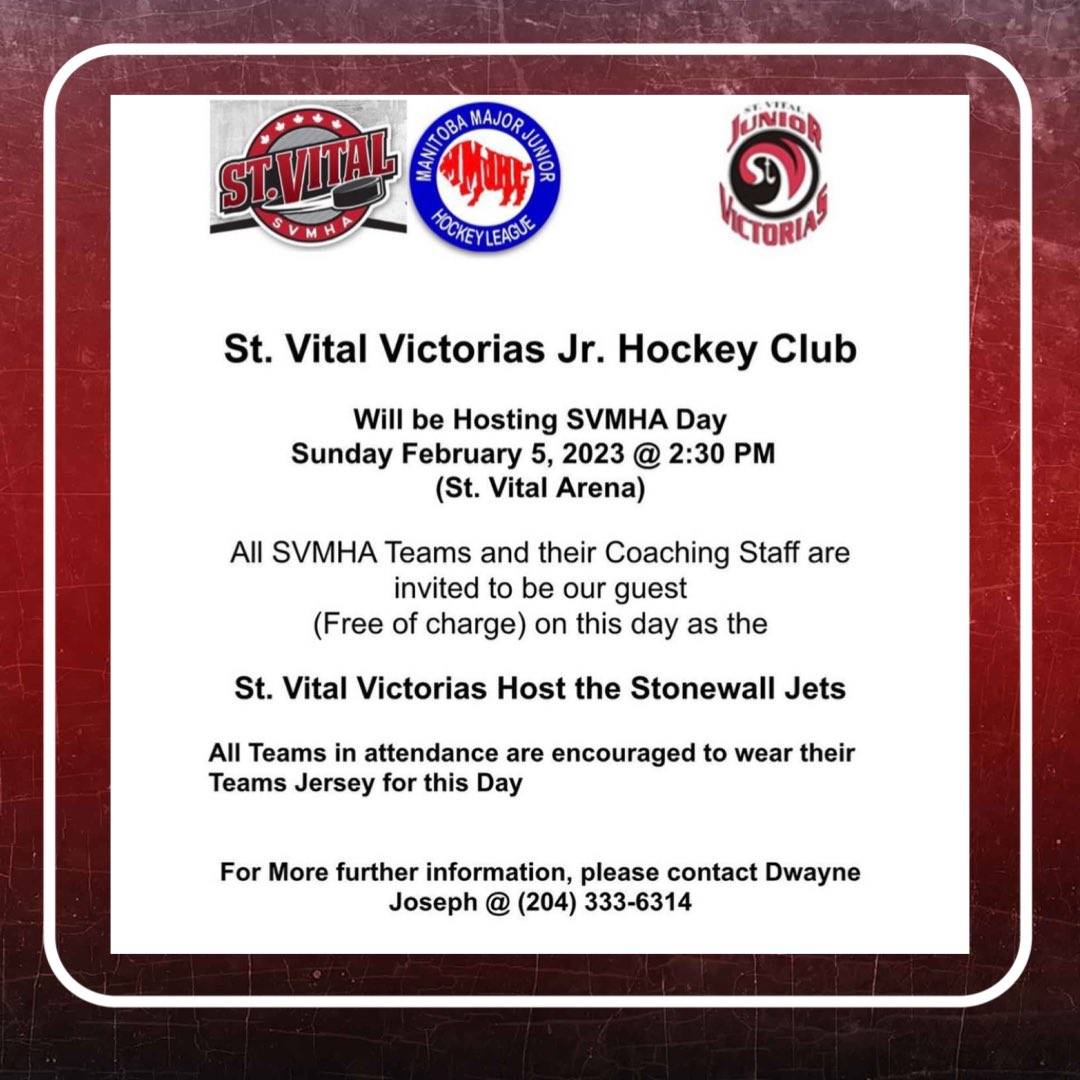 stvitaljrvics's tweet photo. 🚨 VICS Fans! 🚨

Join us this Sunday, Feb. 5th for SVMHA Day as we host the Stonewall Jets!

Wear your St. Vital jerseys and head on down to the St. Vital Centennial Arena for a 2:30pm game to celebrate hockey in our community!

For more info call: Dwayne Joseph @ (204) 333-6314 https://t.co/wGDu0nU20s