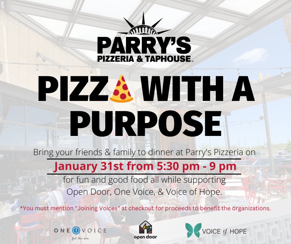 voiceofhopelbk's tweet photo. Tomorrow, join us for Pizza with a Purpose at Parry’s Pizzeria in Lubbock! 🍕 We’re joining voices and supporting trafficking survivors so come on out! 🦋 #EndHumanTraffickingWTX #TraffickingAwarenessMonth https://t.co/s9XD62PGD4