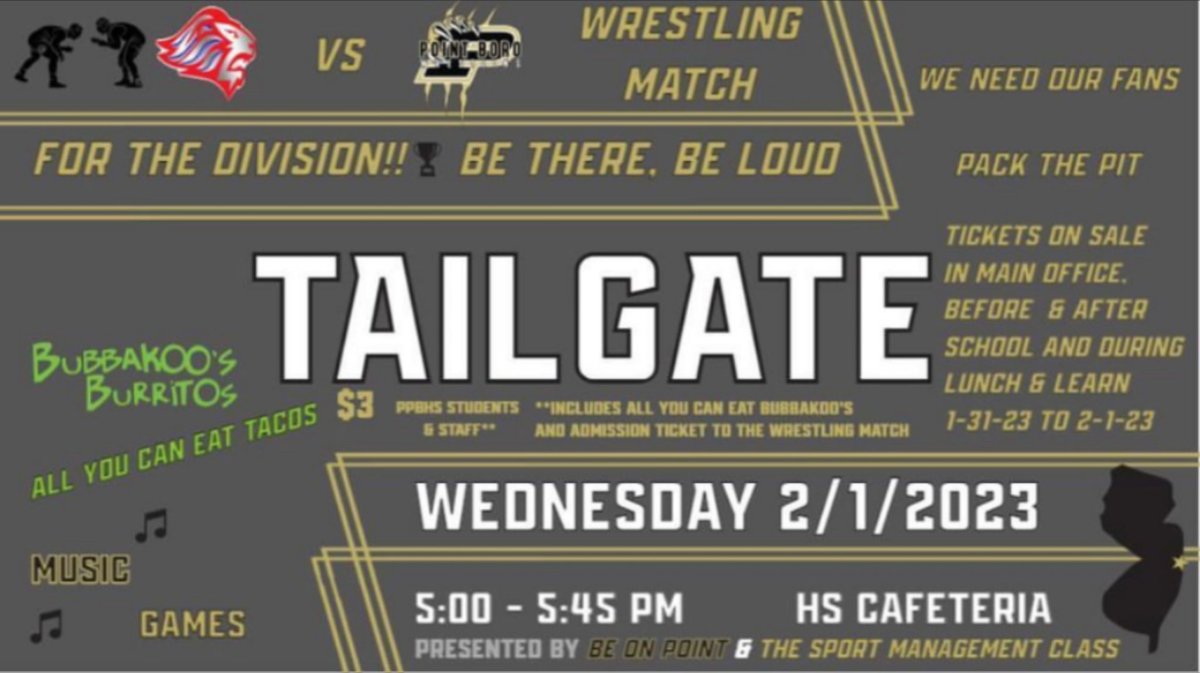 Attn: @pointborohs students and staff, attend the Tailgate &amp; wrestling match this Wednesday and cheer on your fellow Panthers! Purchase your ticket for $3 in the main office before or after school or during lunch and learn.