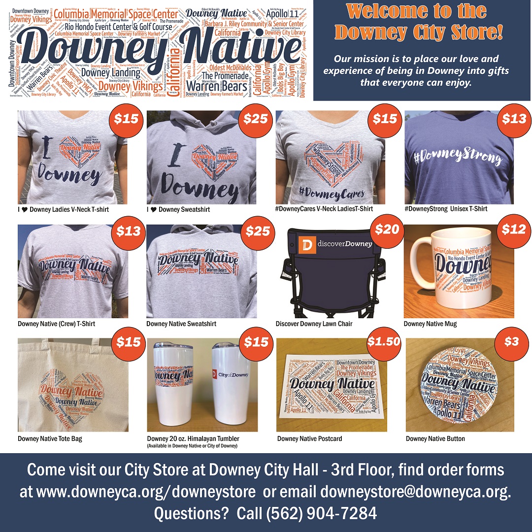 CityofDowney's tweet photo. If you love all things Downey, stop by our Downey City Store at City Hall or visit https://t.co/ExYx5EH01X to see all of the great City swag we have! Let’s show our Downey pride!

#DowneyStore #DowneyPride #DowneyCares #DowneyStrong #WeLoveDowney https://t.co/AE3pJY2AAS